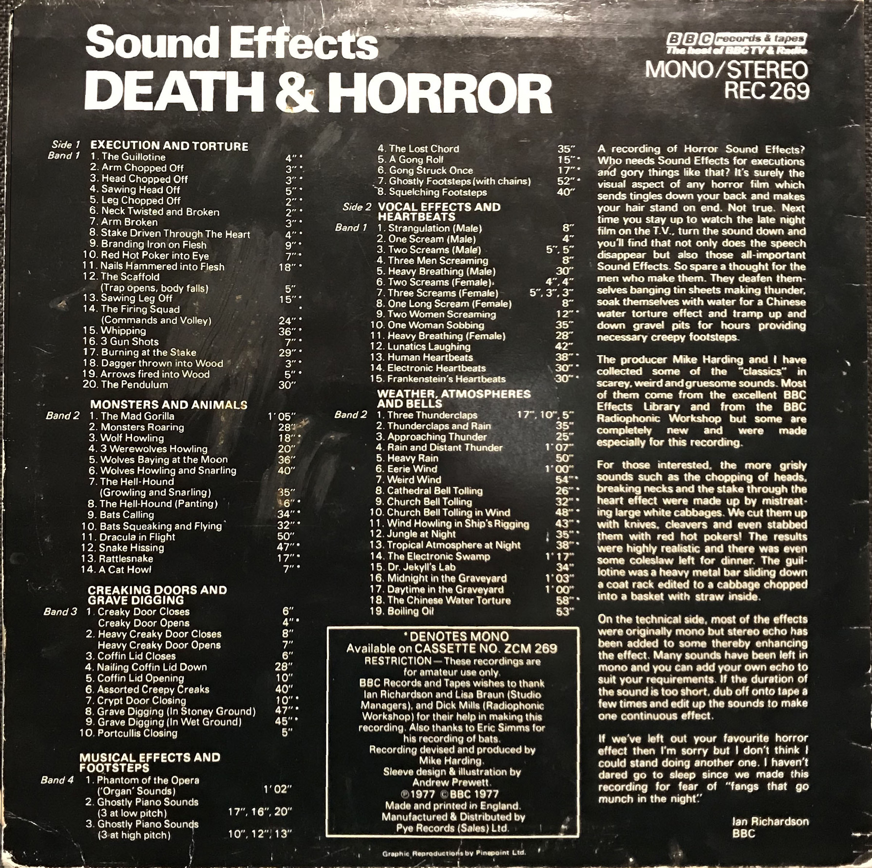 Back cover for album 'sound effects death and horror"